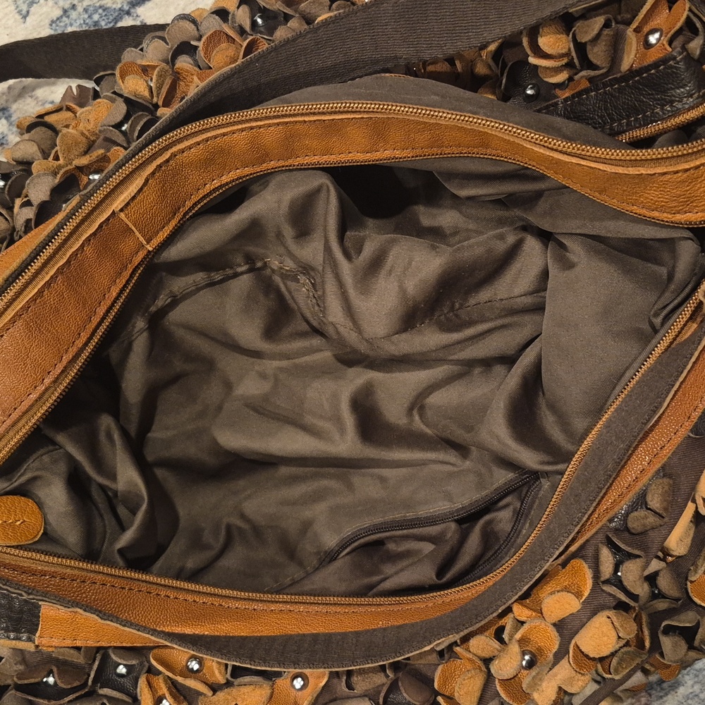 Boho 3D Leather Studded Flower Petal Hobo Crossbody Bag, Double Zipper Closure - Picture 8 of 15
